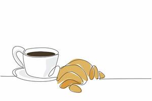 Continuous one line drawing croissant with coffee cup. Drowsiness reliever. Get ready to face heavy overtime. Encourager. Full. National Croissant Day. Single line draw design illustration vector