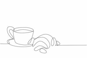 Continuous one line drawing croissant with coffee cup. Drowsiness reliever. Get ready to face heavy overtime. Encourager. Full. National Croissant Day. Single line draw design illustration vector