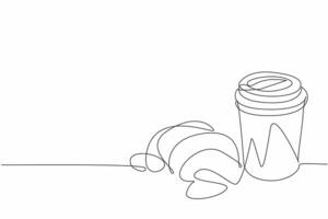 Single one line drawing croissant with paper cup filled with hot sweet tea. Skipped breakfast. Woke up late. Brought to the office. National Croissant Day. Continuous line design graphic illustration vector