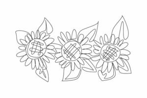 Single continuous line drawing some sunflowers with their leaves. Growing in bloom. Summer with beautiful plants to behold. Good source of antioxidants. Kansas Day. One line design illustration vector
