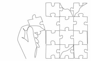 Single continuous line drawing hand holding puzzle pieces and beside it is a large puzzle. Complementary pieces. Become an image. Perfect. National Puzzle Day. One line design illustration vector
