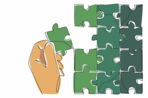 Single continuous line drawing hand holding puzzle pieces and beside it is a large puzzle. Complementary pieces. Become an image. Perfect. National Puzzle Day. One line design illustration vector