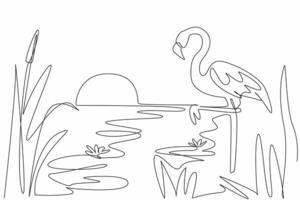 Single continuous line drawing flamingo bird standing on the lake with sunset view. Amazing view towards evening. Environmental. Ecosystem. World Wetlands Day. One line design illustration vector