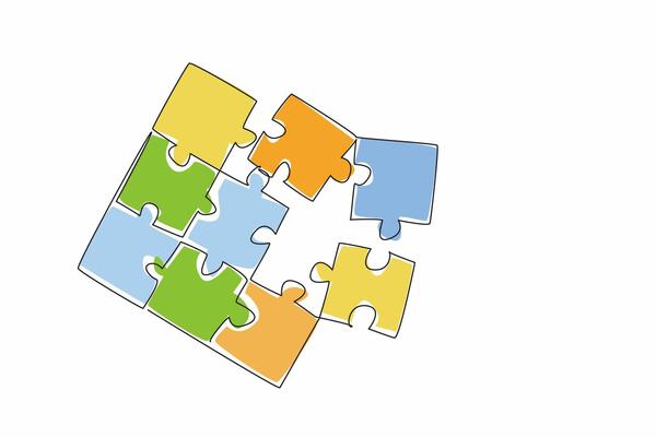 Continuous one line drawing a puzzle pieces put together and some missing. Practice sharpening brain. Different levels of difficulty. National Puzzle Day. Single line draw design illustration