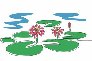 Continuous one line drawing lotus leaves and flowers in wetlands. Provide a natural filter for sediment and runoff. Environmental. World Wetlands Day. Single line draw design illustration vector