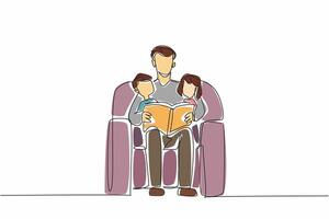 Continuous one line drawing man with two children sitting on sofa reading a book together. A model father. A good hobby to pass on. World Read Aloud Day. Single line draw design illustration vector