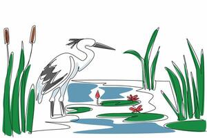 Single one line drawing stork standing on the lake. Wild grass growing around it. Beautiful twilight atmosphere. Habitat. Ecosystem. World Wetlands Day. Continuous line design graphic illustration vector