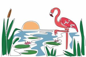 Single continuous line drawing flamingo bird standing on the lake with sunset view. Amazing view towards evening. Environmental. Ecosystem. World Wetlands Day. One line design illustration vector