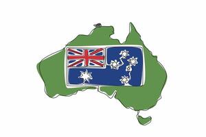 Single continuous line drawing Australian flag in the middle of the map of Australian continent. Annual celebration. Festive festival. The splendor. Australia Day. One line design illustration vector