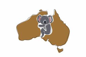Single one line drawing koala animal in middle of map of the Australian continent. Aussie signature animal. Thick fur. Loves trees very much. Australia Day. Continuous line design graphic illustration vector