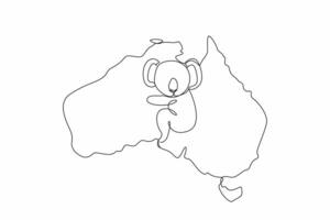 Single one line drawing koala animal in middle of map of the Australian continent. Aussie signature animal. Thick fur. Loves trees very much. Australia Day. Continuous line design graphic illustration vector