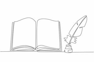 Single continuous line drawing open book and quill in inkwell. Old school stationery. Vintage. Note taking lessons. Making history. International Day of Education. One line design illustration vector