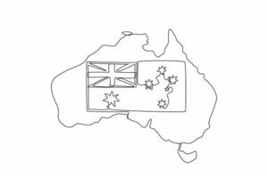Single continuous line drawing Australian flag in the middle of the map of Australian continent. Annual celebration. Festive festival. The splendor. Australia Day. One line design illustration vector