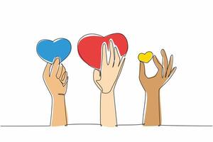 Continuous one line drawing some hands holding heart symbol. Get some compliments. Socialize well. Symbol of interest. Praise. National Screenwriters Day. Single line draw design illustration vector