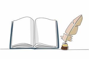 Single continuous line drawing open book and quill in inkwell. Old school stationery. Vintage. Note taking lessons. Making history. International Day of Education. One line design illustration vector