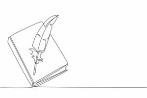Continuous one line drawing quill in the middle of a closed book. Classic. Retro. Old school writing tools. Take notes. International Day of Education. Single line draw design illustration vector