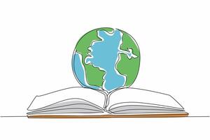 Single one line drawing globe in the middle of open book. Symbol. Metaphor. Reading books opens up literacy about the world. International Day of Education. Continuous line design graphic illustration vector