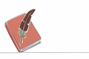 Continuous one line drawing quill in the middle of a closed book. Classic. Retro. Old school writing tools. Take notes. International Day of Education. Single line draw design illustration vector