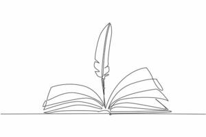 Single one line drawing quill in the middle of open book. Classical era writing instruments. Recording knowledge. Vintage. International Day of Education. Continuous line design graphic illustration vector