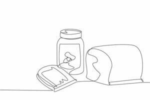 Continuous one line drawing jar of peanut butter and bread smeared with it. Healthy and delicious breakfast menu. Nutrition. National Peanut Butter Day. Single line draw design illustration vector