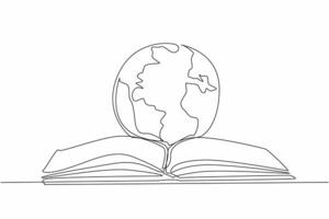 Single one line drawing globe in the middle of open book. Symbol. Metaphor. Reading books opens up literacy about the world. International Day of Education. Continuous line design graphic illustration vector