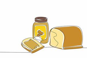 Continuous one line drawing jar of peanut butter and bread smeared with it. Healthy and delicious breakfast menu. Nutrition. National Peanut Butter Day. Single line draw design illustration vector