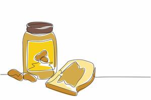 Single continuous line drawing jar of peanut butter and bread smeared with it. Scattered nut. Combination of deliciousness at breakfast. National Peanut Butter Day. One line design illustration vector