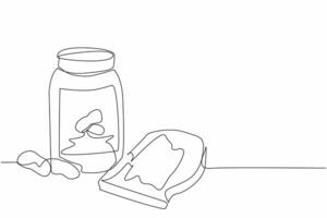Single continuous line drawing jar of peanut butter and bread smeared with it. Scattered nut. Combination of deliciousness at breakfast. National Peanut Butter Day. One line design illustration vector
