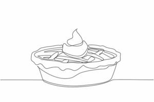 Single continuous line drawing pie with cream on top. Sweet and savory from whipped cream. Adds deliciousness when chewed in the mouth. Tasty. National Pie Day. One line design illustration vector