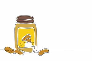 Single one line drawing peanuts scattered near a jar of peanut butter. Advertising. It's pleasing to the eye. Creates appetite. National Peanut Butter Day. Continuous line design graphic illustration vector