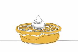 Single continuous line drawing pie with cream on top. Sweet and savory from whipped cream. Adds deliciousness when chewed in the mouth. Tasty. National Pie Day. One line design illustration vector