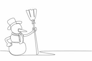 Continuous one line drawing snowman holding a broom. Games during the winter season. Happy. Full of joy. Snowy weather is always fun. Cold. World Snow Day. Single line draw design illustration vector