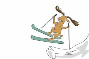 Single continuous line drawing moose skiing on snow mountain. Recreation. Holiday. Vacation. Best way to spend time in winter. Not staying at home. World Snow Day. One line design illustration vector