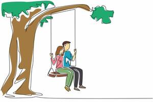 Single one line drawing a married couple sitting on a swing hanging from a tree. Heart to heart talk. Long deep talk. Sweetheart. Warmth. National Hug Day. Continuous line design graphic illustration vector