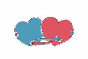 Single continuous line drawing two hearts embrace each other. Interlinked. Trust each other. Give each other comfort. Giving warmth of heart. National Hug Day. One line design illustration vector