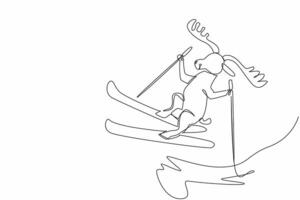 Single continuous line drawing moose skiing on snow mountain. Recreation. Holiday. Vacation. Best way to spend time in winter. Not staying at home. World Snow Day. One line design illustration vector