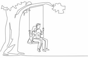 Single one line drawing a married couple sitting on a swing hanging from a tree. Heart to heart talk. Long deep talk. Sweetheart. Warmth. National Hug Day. Continuous line design graphic illustration vector