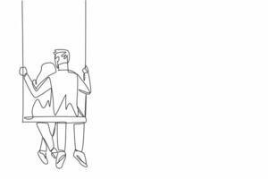 Continuous one line drawing a married couple hugging each other's backs on a swing. Giving each other warmth. Talking about future plans. National Hug Day. Single line draw design illustration vector