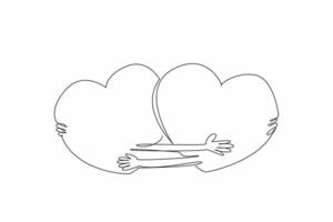 Single continuous line drawing two hearts embrace each other. Interlinked. Trust each other. Give each other comfort. Giving warmth of heart. National Hug Day. One line design illustration vector