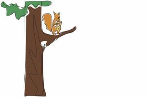 Continuous one line drawing squirrel holding walnut on a felled tree trunk. Finding something to eat. Eating at height. National Squirrel Appreciation Day. Single line draw design illustration vector