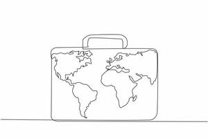 Single continuous line drawing the briefcase with world map in the middle. Customs officers' business travel bag. Registered. Compliant. International Customs Day. One line design illustration vector