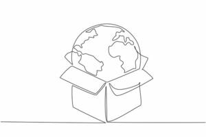 Single one line drawing globe put in box. Metaphor. Shopping online from abroad. Subject to import duties. Shipping. Delivery. International Customs Day. Continuous line design graphic illustration vector