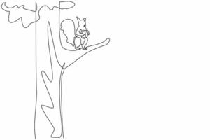 Continuous one line drawing squirrel holding walnut on a felled tree trunk. Finding something to eat. Eating at height. National Squirrel Appreciation Day. Single line draw design illustration vector