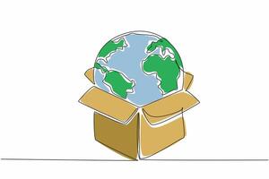 Single one line drawing globe put in box. Metaphor. Shopping online from abroad. Subject to import duties. Shipping. Delivery. International Customs Day. Continuous line design graphic illustration vector