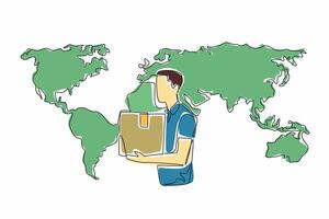 Single one line drawing man carrying package with world map background. Register at customs for good newly brought from abroad. International Customs Day. Continuous line design graphic illustration vector