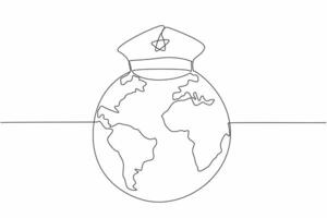 Continuous one line drawing police hat on globe. Guarding border. Monitoring taxable goods coming in and out. Income for country. International Customs Day. Single line draw design illustration vector