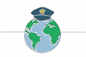 Continuous one line drawing police hat on globe. Guarding border. Monitoring taxable goods coming in and out. Income for country. International Customs Day. Single line draw design illustration vector