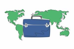 Single continuous line drawing briefcase with world map background. Business trip abroad. Conducting comparative study assignments. International Customs Day. One line design illustration vector