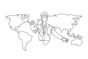 Continuous one line drawing the customs officer with world map background holding passport. Served at the immigration office. International Customs Day. Single line draw design illustration vector