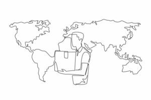 Single one line drawing man carrying package with world map background. Register at customs for good newly brought from abroad. International Customs Day. Continuous line design graphic illustration vector